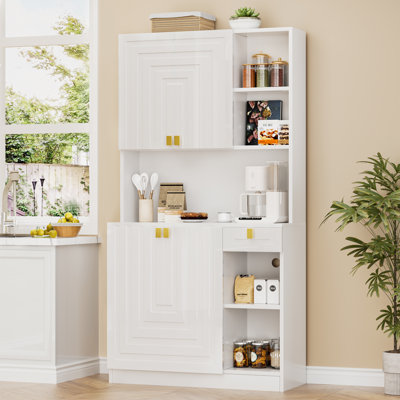 70" Pantry Storage Cabinet With Charging Station, Kitchen Pantry Storage Cabinet With Open Countertop, Farmhouse Kitchen Hutch With Storage Drawers Fo