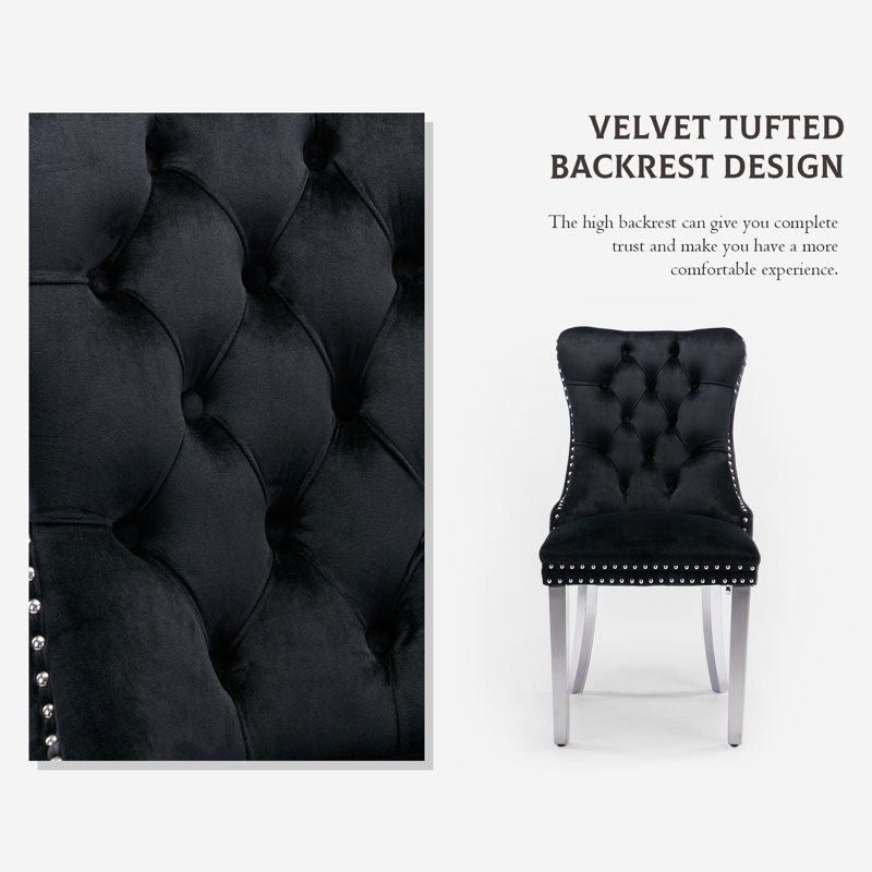 Ensemble de 4 chaises de salle à manger rembourrées en velours avec pieds argentés, Noir, noir, noir, noir, Argent argent