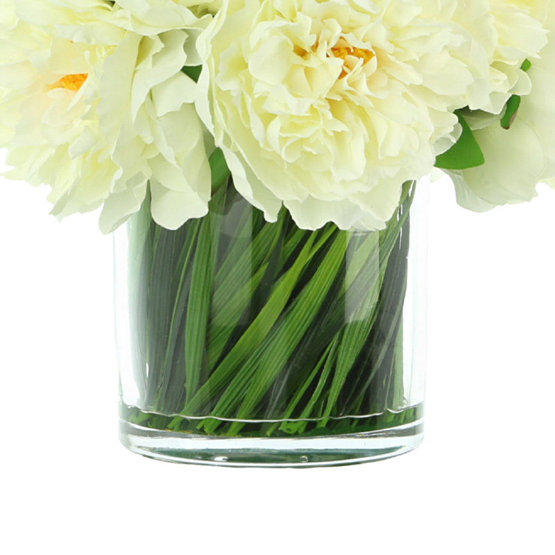 Peony Arrangement in Glass Vase with Grass, Cream