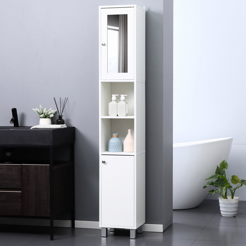 Armoire de salle de bain autoportante en bois avec miroir, grandes tablettes réglables de style tour, tablettes blanches ou de salon