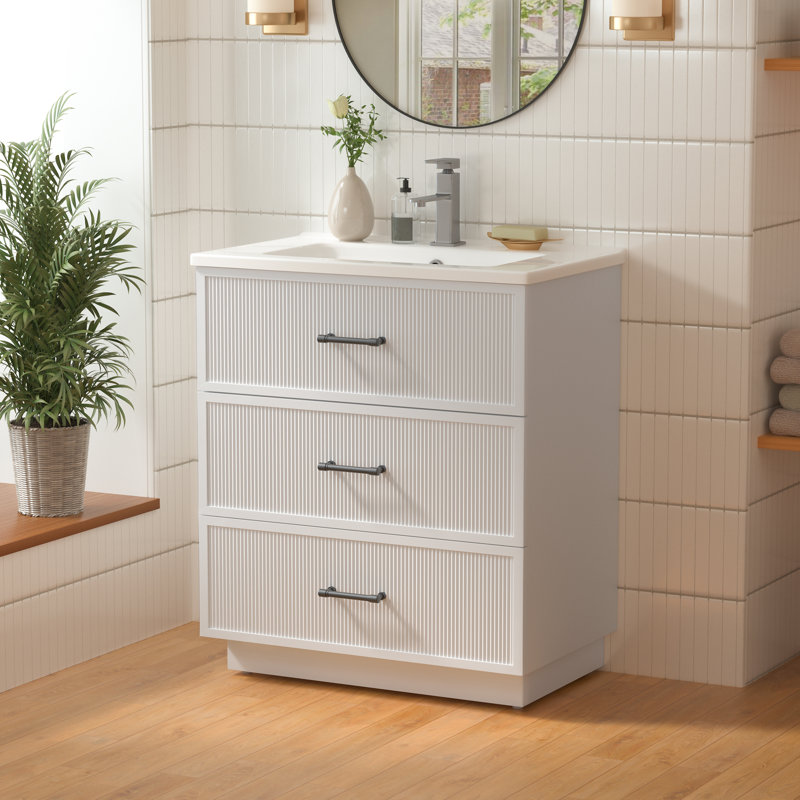  30" Bathroom Vanity with Ceramic Sink, Modern Freestanding Bathroom Vanity with 2 Drawers, White