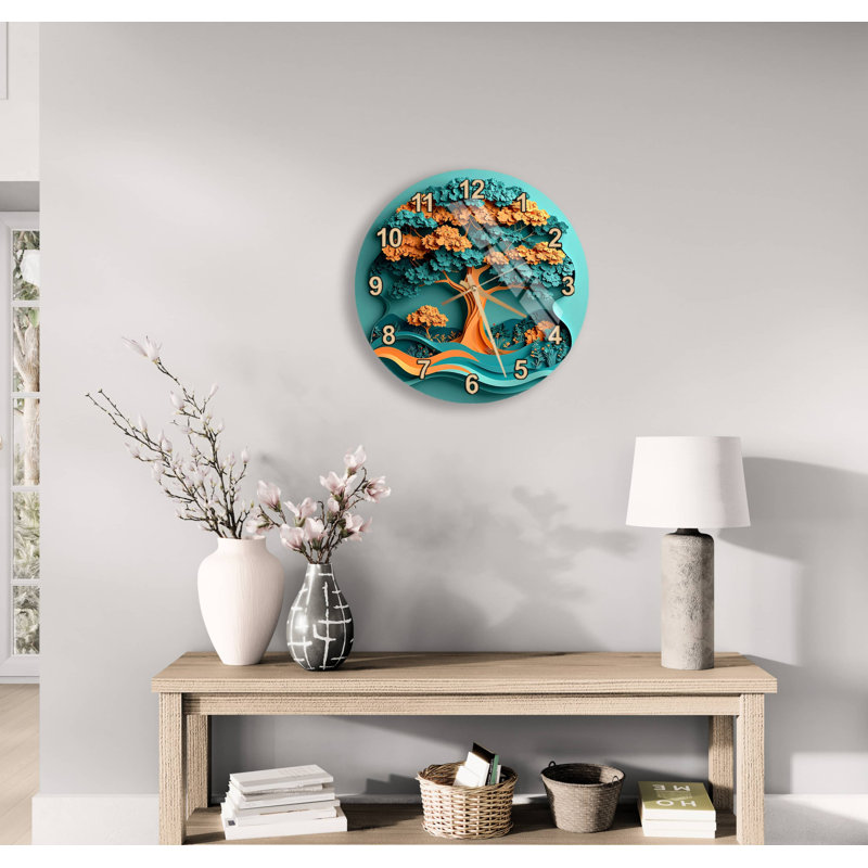 Horloge murale en verre trempé - arbre de vie sarcelle orange, art moderne, grande montre ronde silencieuse pour salon, cadeau unique inspiré de la nature