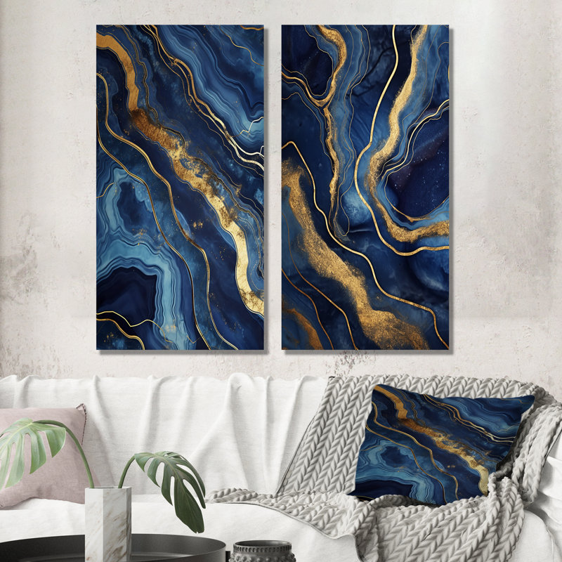 «Blue and Gold Abstract Marble Mirage I», ensemble de 2 impressions sur toile marbrées abstraites, Toile tendue