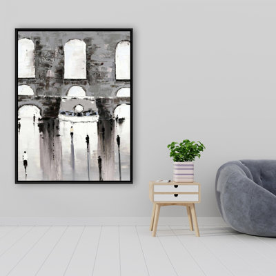 Gray Building With Passersby Print On Canvas
