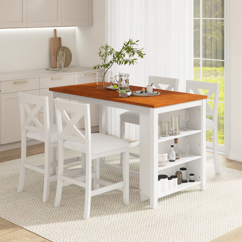 Ensemble de table de salle à manger rustique 5 pièces avec tablettes latérales à 3 niveaux, Blanc/noyer