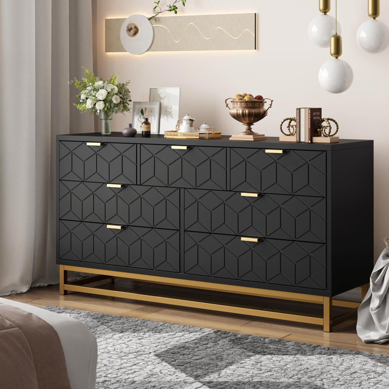Commode pour chambre à coucher, organisateur de commode, commode 7 tiroirs avec poignée et pieds en métal doré, commode moderne, grande commode pour placard, couloir, entrée
