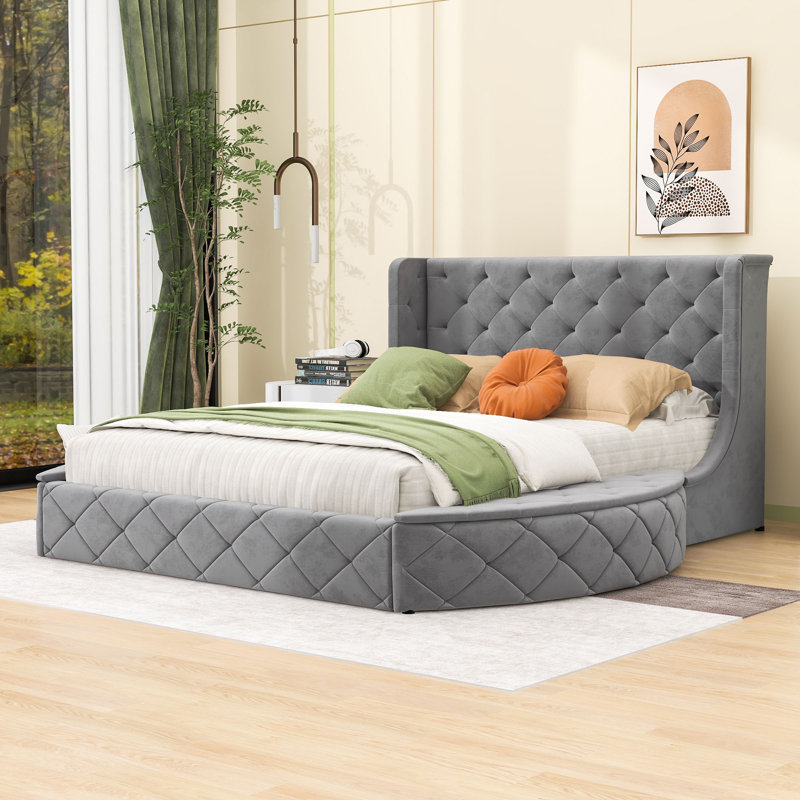 Hartaj Queen 1 Drawer Upholstered Platform Bed with Headboard, Gray