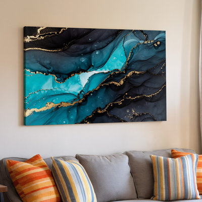 Toile, composition abstraite époustouflante mettant en vedette un riche art mural noir et turquoise vif créant une toile marbrée
