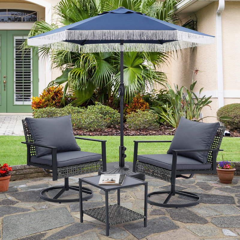 4 Piece Outdoor 360 Swivel Chair Set With Umbrella, Grey, Navy