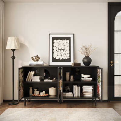 4-Door Buffet Cabinet With Glazed Art Storage, American Retro Console Table For Living, Bedroom, Dining Room