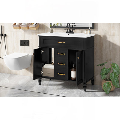 Meuble-lavabo 36 po avec lavabo, meuble autoportant noir avec cuve en céramique, cadre en bois aggloméré et en bois massif, tiroir supérieur rabattable, portes à fermeture en douceur, 2 tiroirs de rangement, poignées dorées