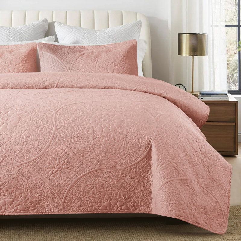 Couvre-lit matelassé toutes saisons à motif floral, Twin Bedspread + 1 Standard Pillowcase, Rose