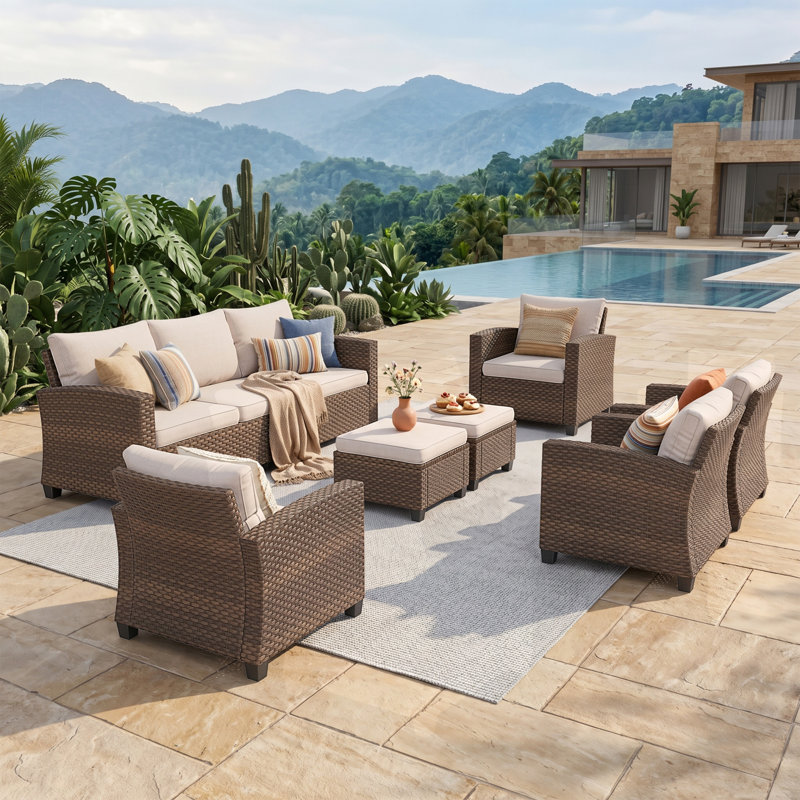 Salem 9-Person Wicker Patio Conversation Set, No, Cushion Pro Beige Performance Canvas
