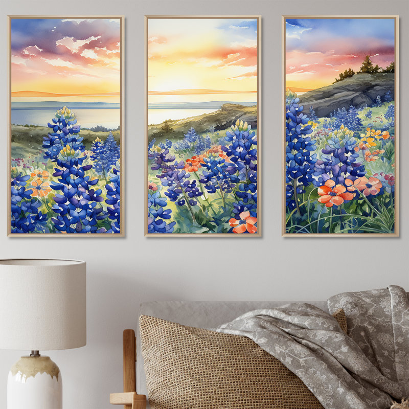 «Blue Bonnets Sunset I», ensemble d'art sur toile Blue Bonnets, Cadre naturel flottant, H 40 po x l 60 po x P 1 po