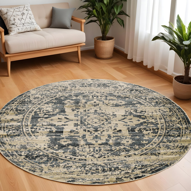 8' Ivory And Blue Oriental Distressed Round Rug, Round 8'