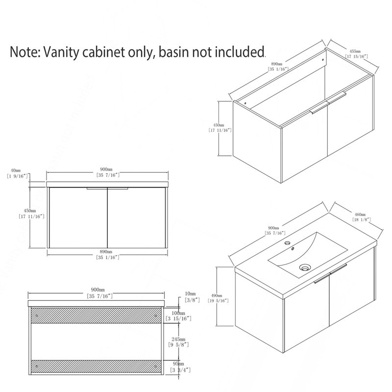 Meuble-lavabo suspendu de 91 cm (36 po), contreplaqué, portes doubles à fermeture amortie, grand espace de rangement intérieur, fixation murale, meuble seulement, lavabo non inclus