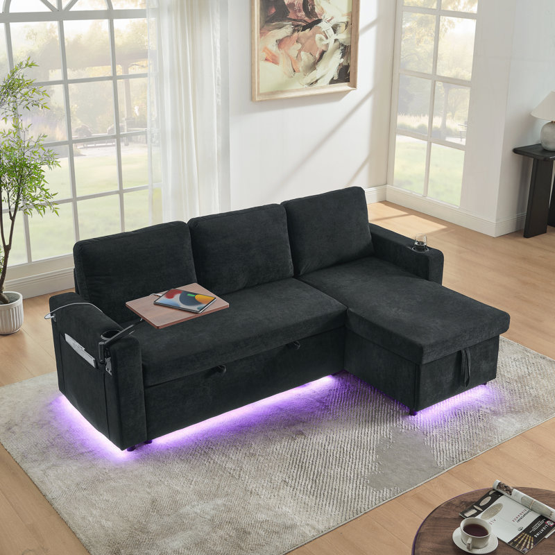 Modern Chenille Multi-functional Pull-Out Bed Sofa with Retractable Table and LED Lighting, Black Chenille