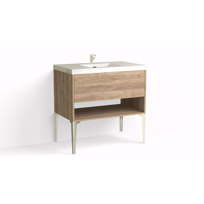 Modo 36" W Freestanding Single Bathroom Vanity with Dean Leg, Glossy White/Single, White Acrylic, Matte Black
