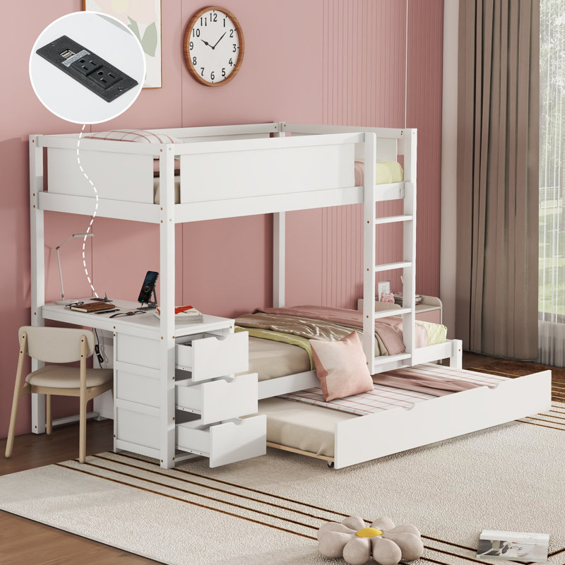 Twin-Over-Twin Bunk Bed With Twin Size Trundle, Storage And Desk, White, White, Twin