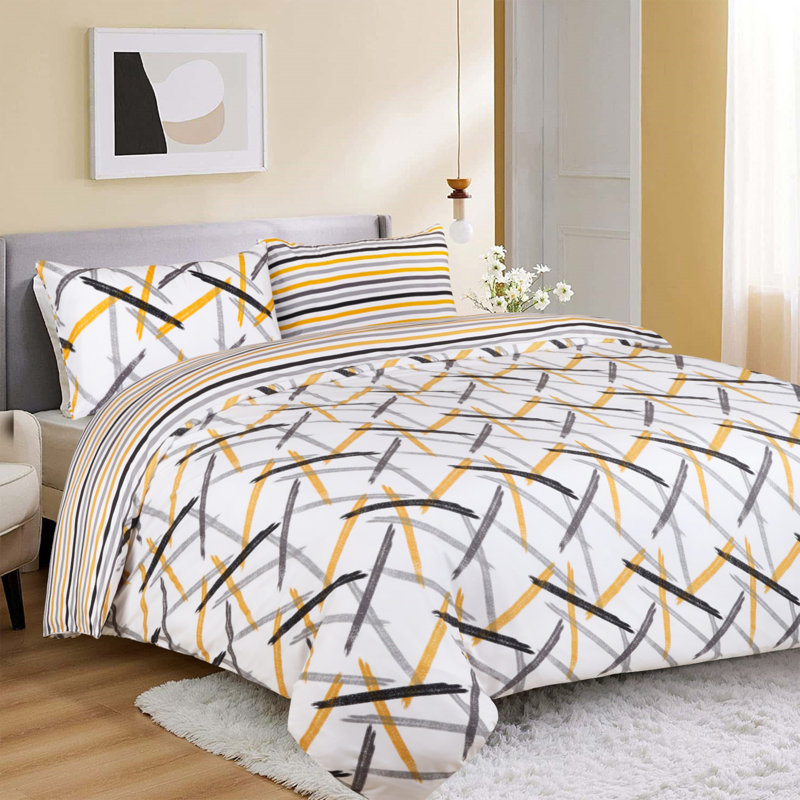 Haffa Microfiber Duvet Cover Set with Pillowcases, Single Duvet Cover + 1 Standard Pillowcase, Ochre Stripe