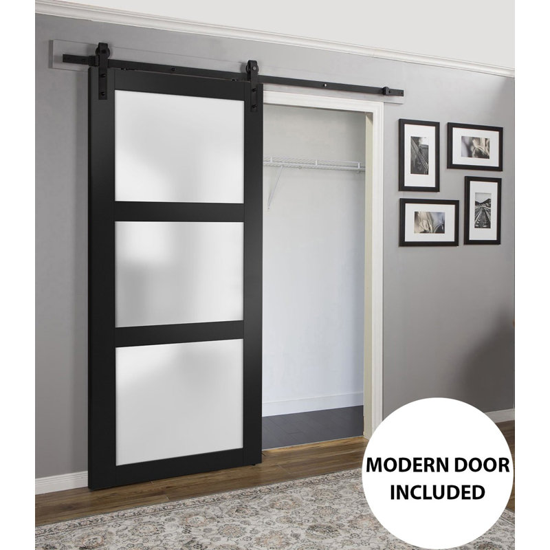 Porte de grange robuste en verre dépoli Lucia 2552, rail noir mat de 2 m (6,6 pi), quincaillerie lourde, porte intérieure à panneau plein - 45,7 cm x 243,8 cm (18 po x 96 po) - Rail noir