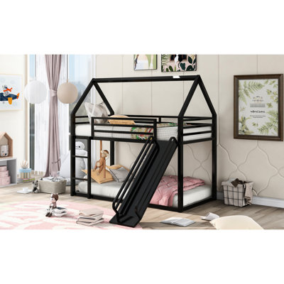 House Bunk Bed In Black Metal - Twin Over With & Slide Twin/Twin Support Black, Efficient Construction