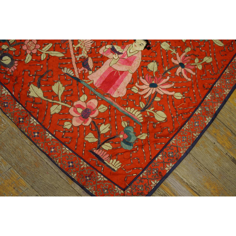 1930s Red Eight Immortals Chinese Silk Pictorial Embroidery 2' x 3' Carpet Rug