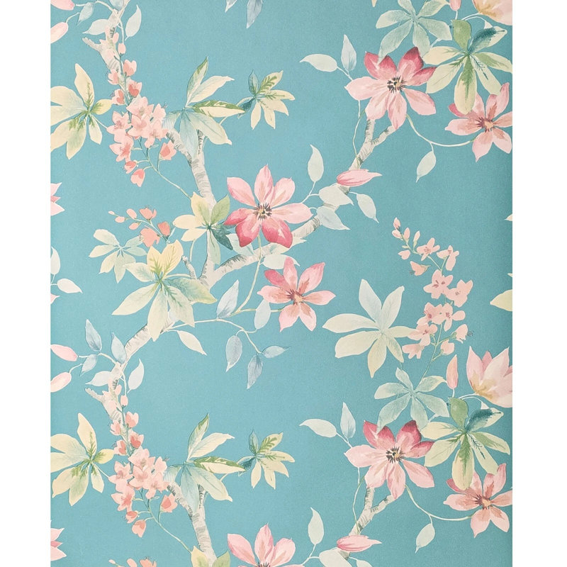 Papier peint botanique bleu sarcelle avec des branches d'arbres et des feuilles