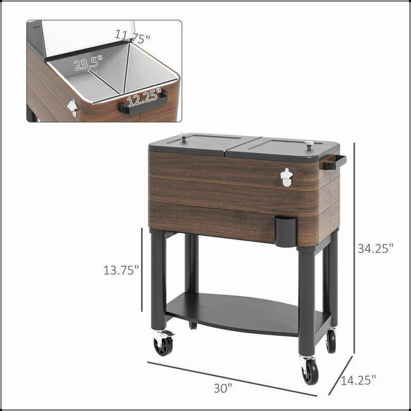 Chariot-glacière d'extérieur Outsunny, glacière à boissons roulante d'une capacité de 60 pintes, doublure isolée et roues verrouillables pour les barbecues au bord de la piscine