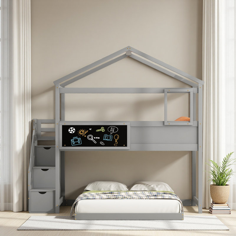 Twin Over Full House Bunk Bed With Storage Staircase And Blackboard, Gray