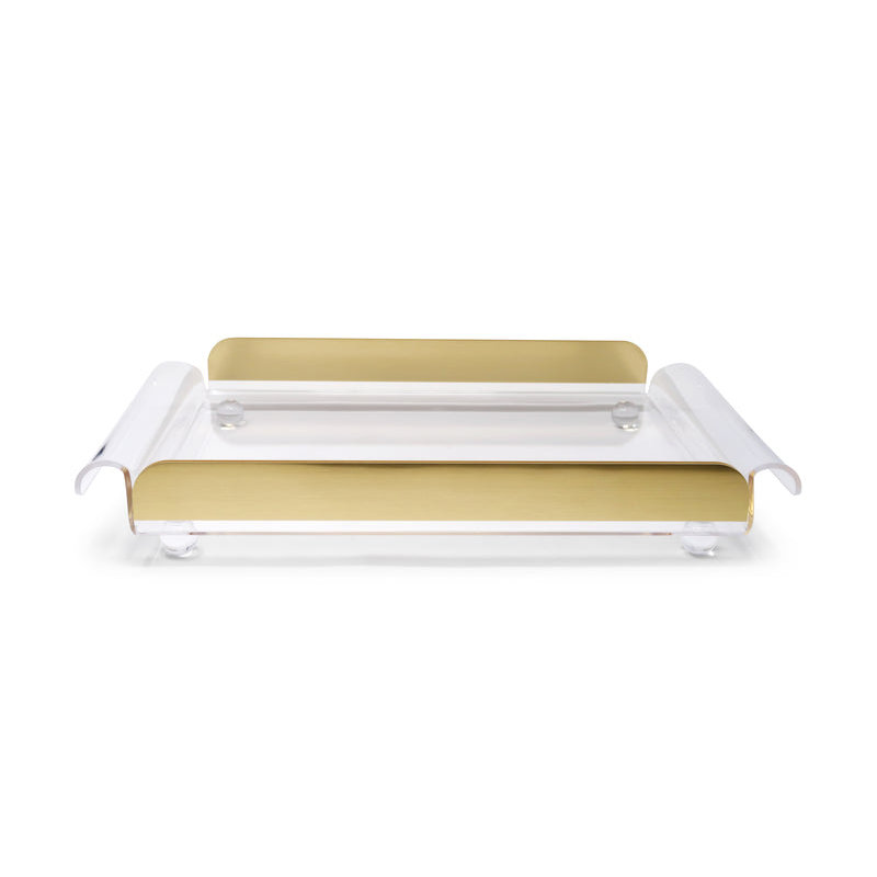 Plateau rectangulaire avec poignées et côtés dorés, sur pattes sphériques