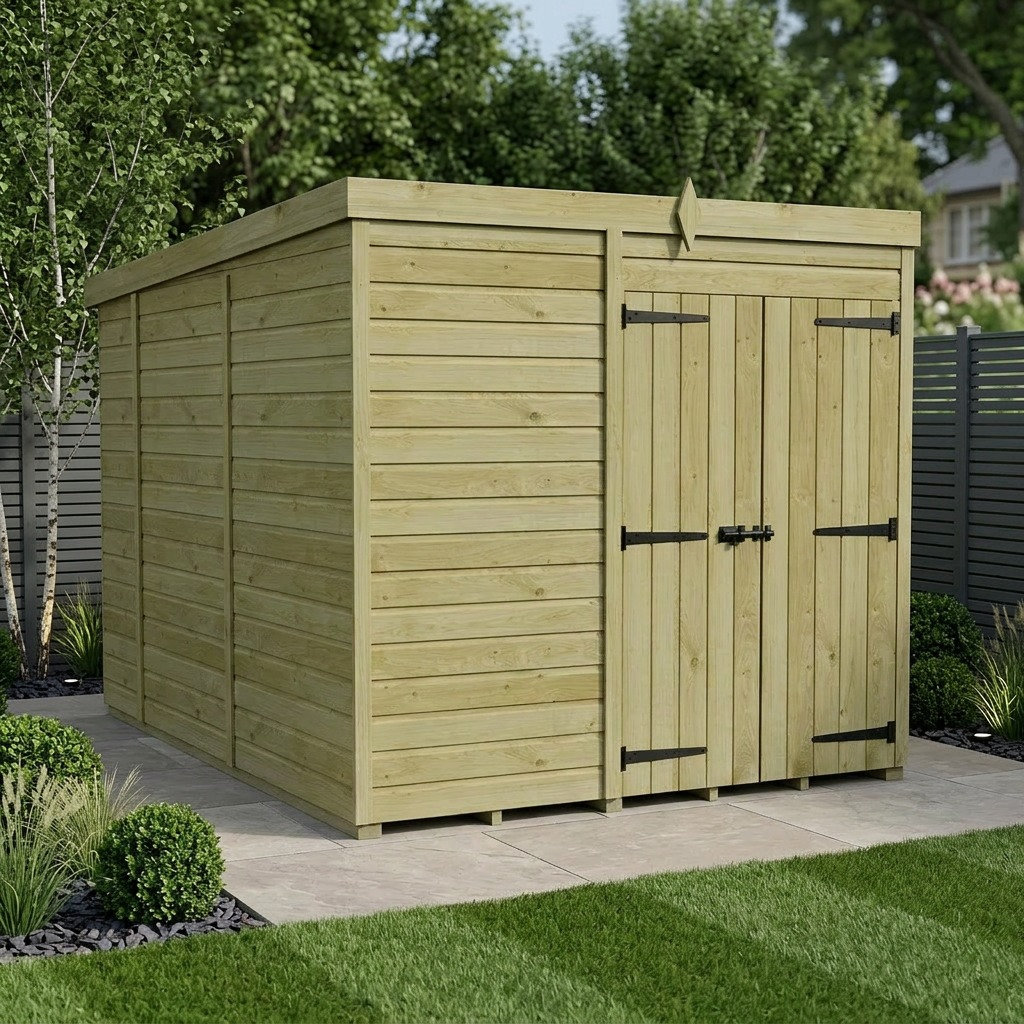 Total Sheds 7ft x 10ft Pent Garden Shed - Double Door - No Windows - Pressure Treated Timber - UK Manufactured