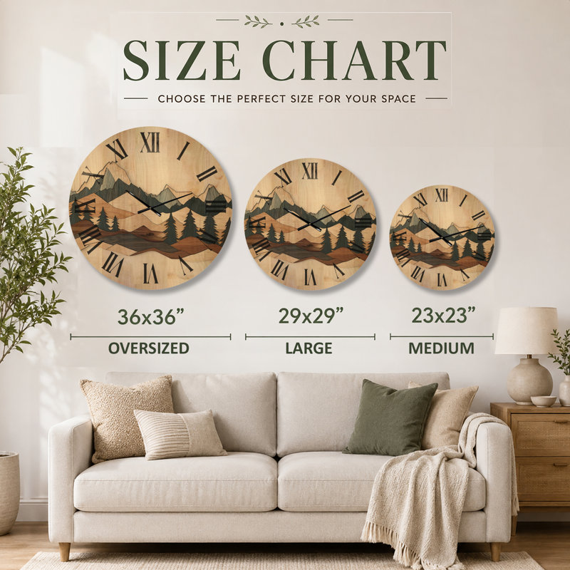 Grande horloge murale en bois avec paysage - Horizons en montagne, Large