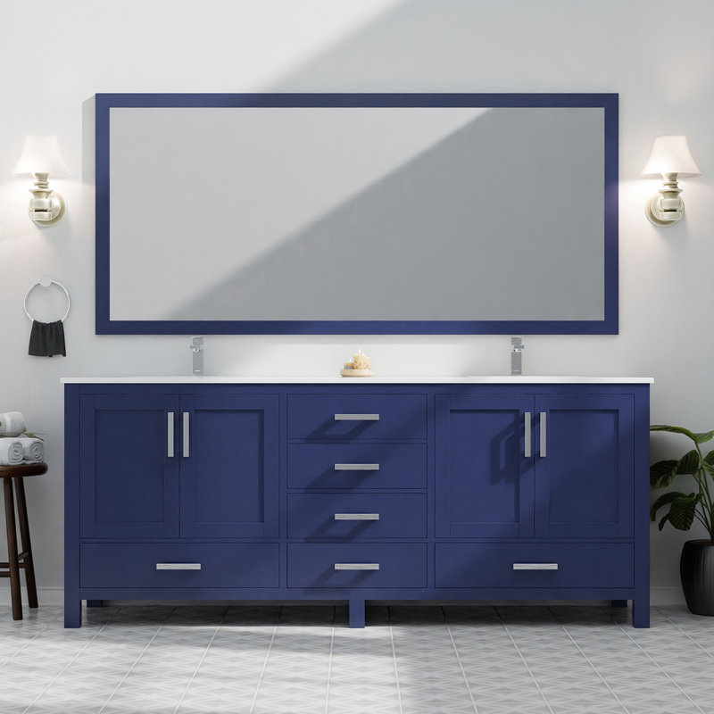 Bleu marine 80 po Meuble-lavabo double avec surface en quartz blanc - bois massif, fermeture en douceur, 6 tiroirs, 2 armoires et charnières à fermeture en haut