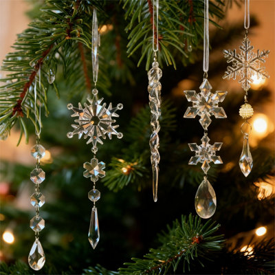 Christmas Tree Ornaments Set of 18, Acrylic Snowflake and Icicle Crystal Hanging Decorations for Winter Holiday and Party Decor Feature Bullets