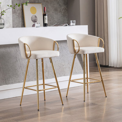 Tabourets de bar 30 pouces en velours avec repose-pieds chromé et pieds dorés, ensemble de 2