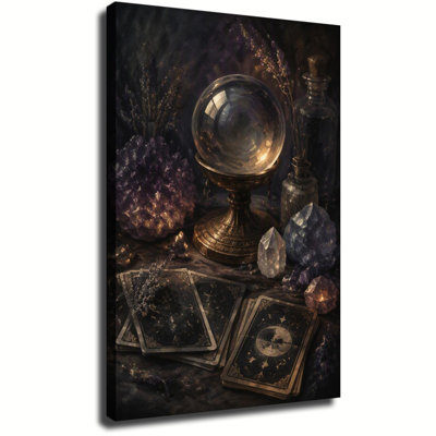 Vintage Crystal Ball And Tarot Cards Canvas Wall Art, Dark Witchy Gothic Mystic Art Print Halloween Home Wall Decoration