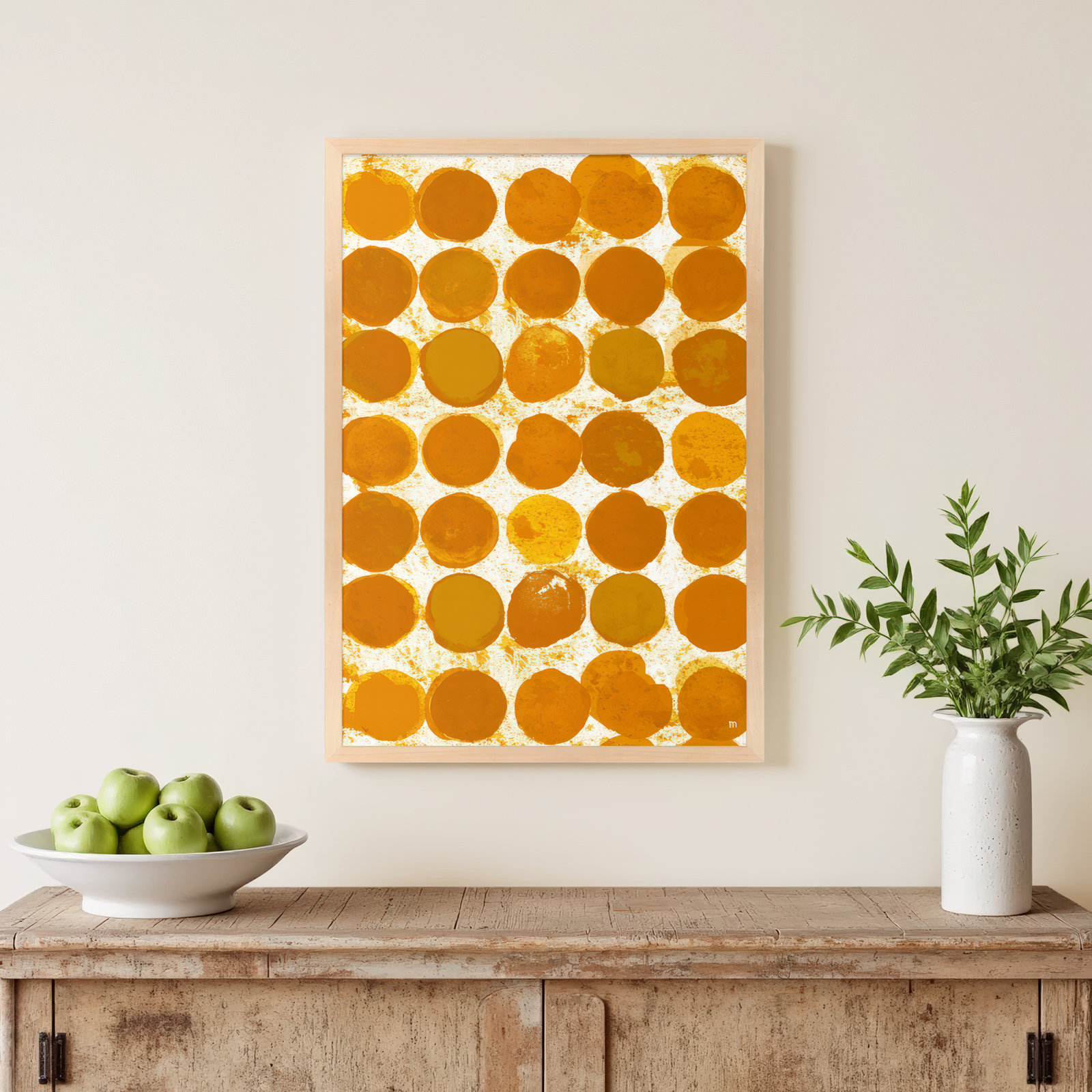 Satori Dots Pattern Curry by Studio M, Maple Framed, 25" H x 17.5" W x 1.25" D