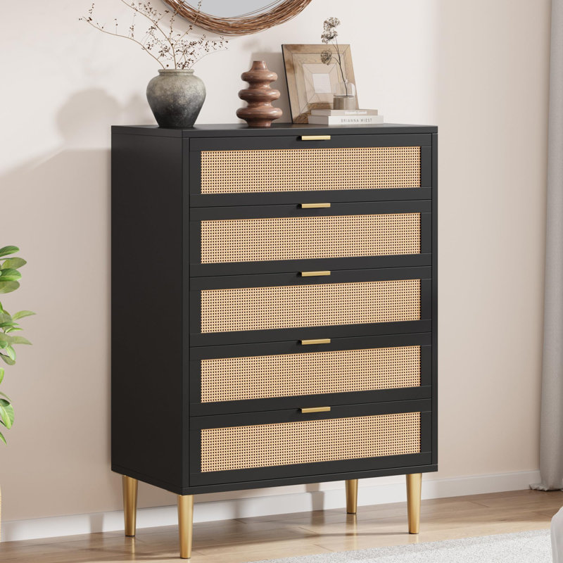 Commode 5 tiroirs en rotin, 44 po