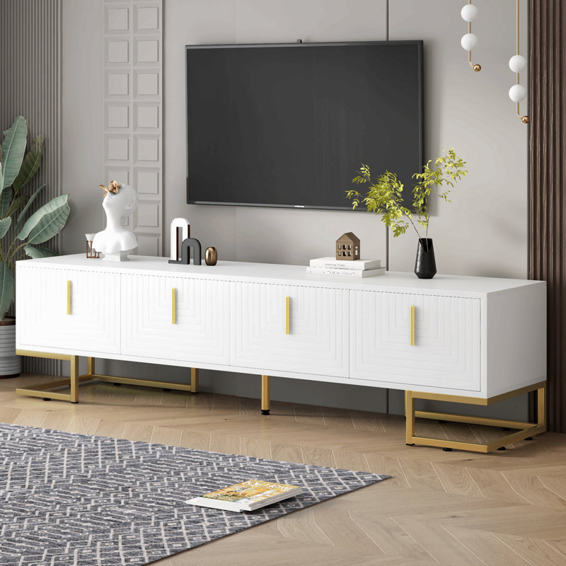 Modern Tv Stand With Metal Legs And Gold Handles For Tvs Up To 80'', Media Console Table With Cabinets And Adjustable Shelves, Luxury Tv Cabinet With Geometric Line