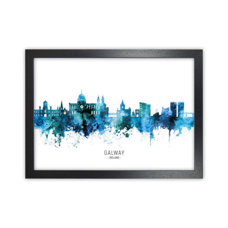 Galway Ireland Skyline Blue City Name by Michael Tompsett - Print, 25cm H x 34cm W x 3cm D, Black Framed