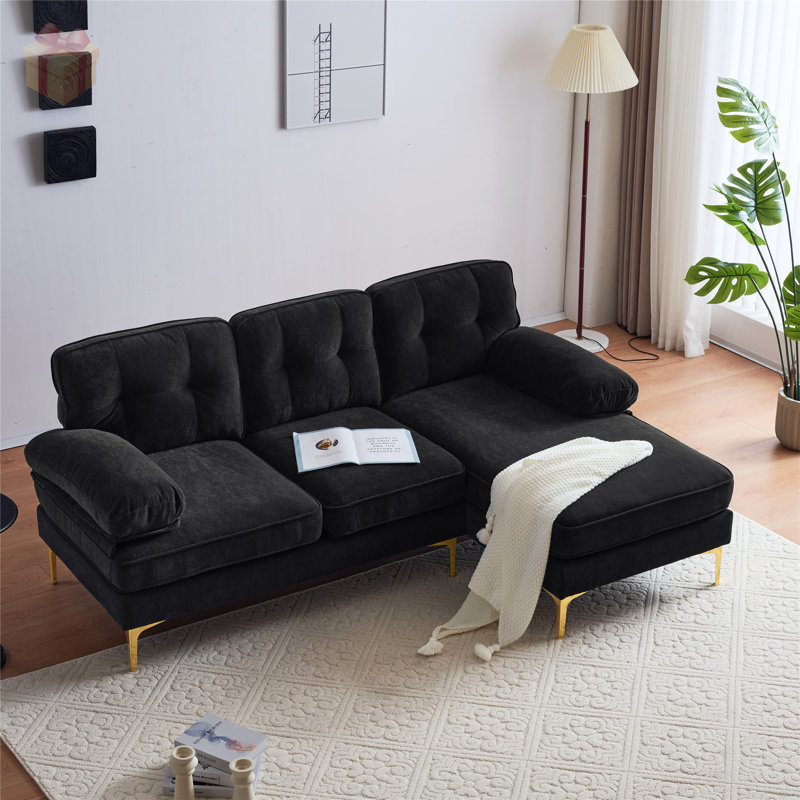 Luxury Velvet Upholstered L-Shaped Sofa with Sturdy Frame and Cloud-Like Comfort, Perfect for Modern and Retro Decor., Black