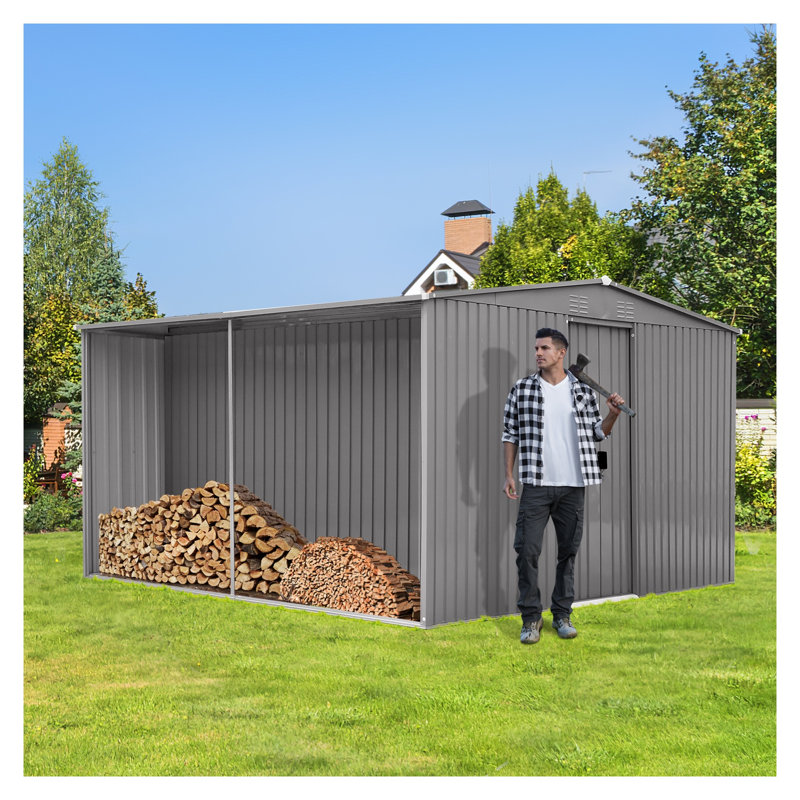 13ft×11ft 2-in-1 Outdoor Metal Storage Shed with Firewood Storage, Grey Apex Roof Weatherproof Shed for Winter Garden Organization