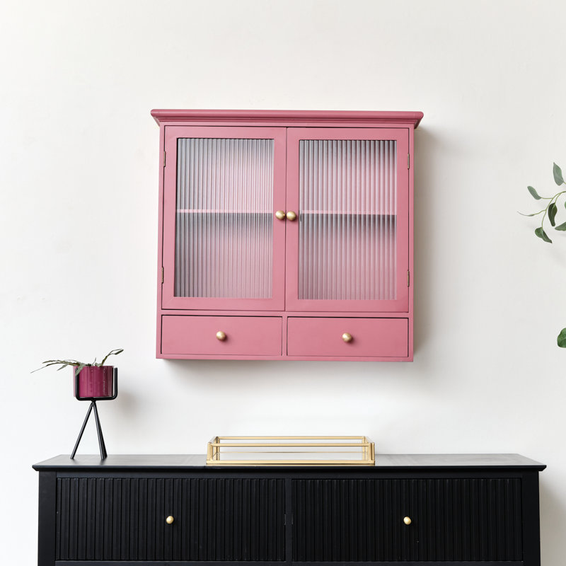 Pale Reeded Glass Wall Cabinet With Drawers, Rose