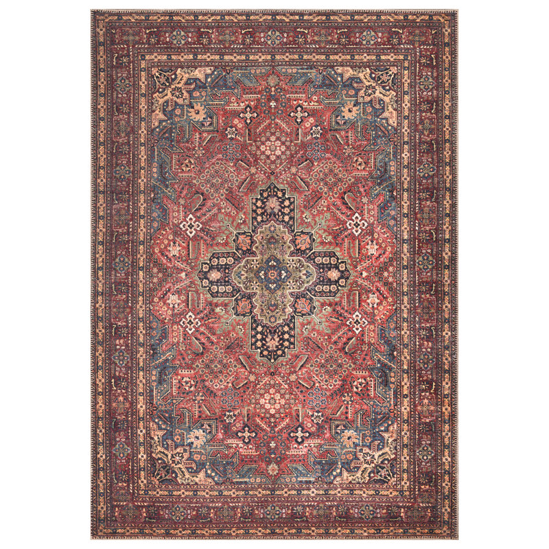  Washable Non-Slip Rug - Red/Teal Blue/Yellow Traditional Medallion Area Rug for Living Room, Bedroom, Dining Room, and Kitchen