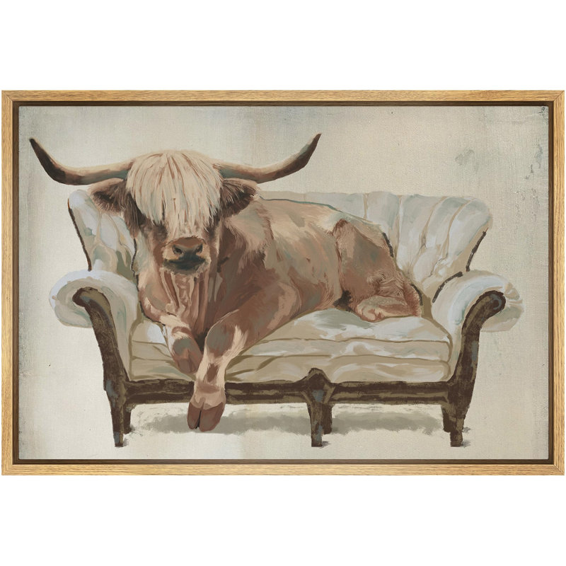Animaux, vache des Highlands sur canapé - Cozy rustique, décor de ferme neutre sur toile, Naturel