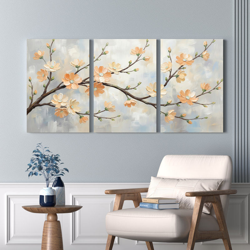 Ensemble de 3 tableaux muraux sur toile à motifs floraux de fleurs de cerisier, pour la décoration du salon et de la chambre.