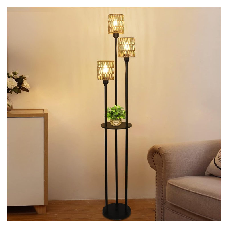 Boho Floor Lamp with Shelves - 3-Light Rattan Standing Lamp with Foot Switch, Rustic Tall Corner Light for Living Room & Bedroom