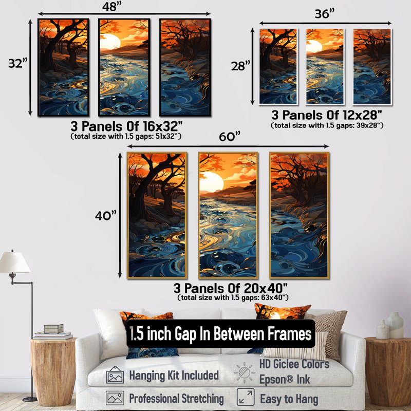Orange et bleu, rivière, voyage serein I - rivière, art mural, Cadre flottant noir, H 28 po x l 36 po x P 1 po