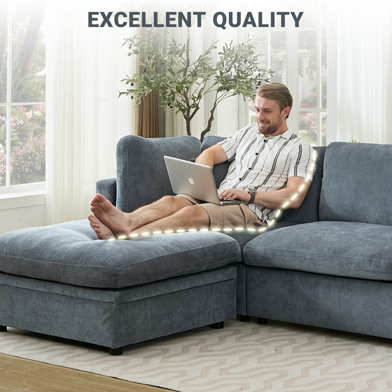  118.5” Oversized Modular Sectional Down Filled 4-Seater L Shape Upholstery Sofa with Storage Ottoman, Gray Chenille